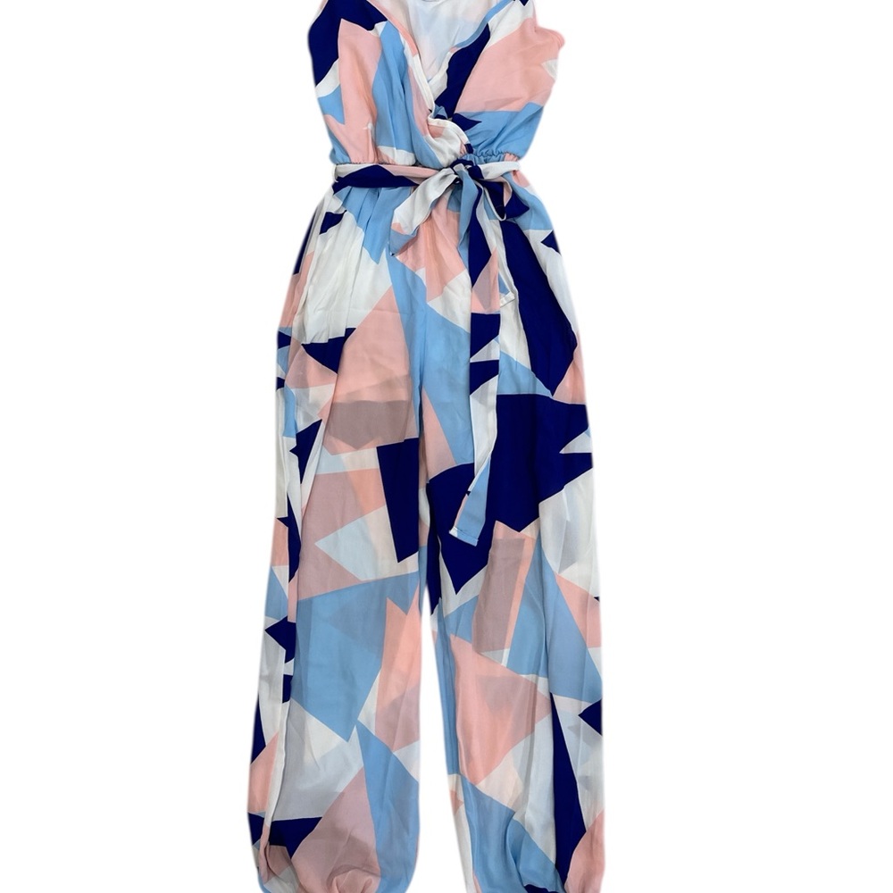 NanaMacs Blue and Peach Geometric Jumpsuit with V-Neck
